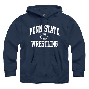 navy hooded sweatshirt with Penn State arched above Athletic Logo and Wrestling